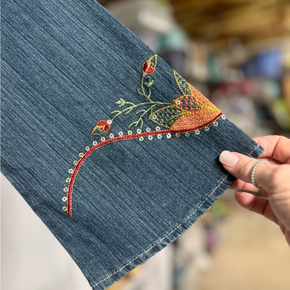 Embellished Blue and Orange Denim Maxi Dress with V-Neck and Long Sleeves - Picture 6 of 7